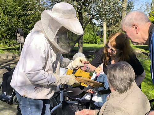 Ein Imker in weißer Schutzkleidung und mit Gesichtsschutz zeigt einer kleinen Gruppe eine Bienenwabe. Eine Frau berührt die Wabe vorsichtig, während die anderen Zuschauer aufmerksam dabei zuschauen. Die Szene spielt sich im Freien ab.